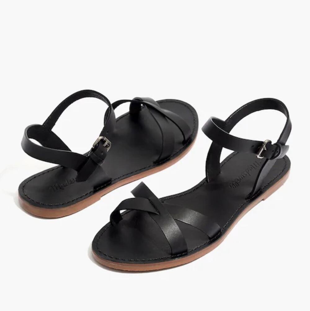 Madewell The Boardwalk Crisscross Strappy Flat Black Leather Bare Sandal Sz 6.5